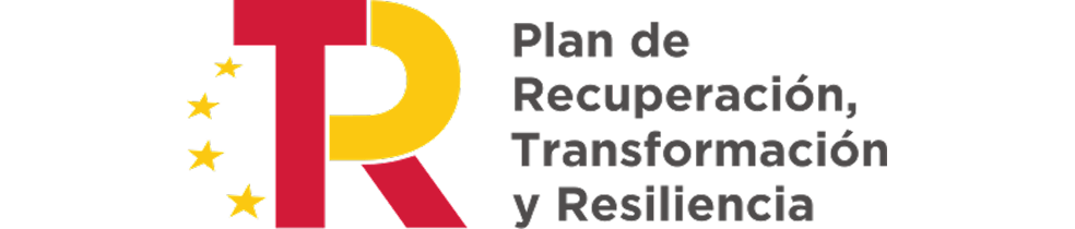 Logo del Plan de Recuperación, Transformación y Resiliencia della Spagna, con le lettere 'PR' stilizzate in rosso e giallo, accompagnate da quattro stelle dorate a sinistra e il testo 'Plan de Recuperación, Transformación y Resiliencia' a destra.