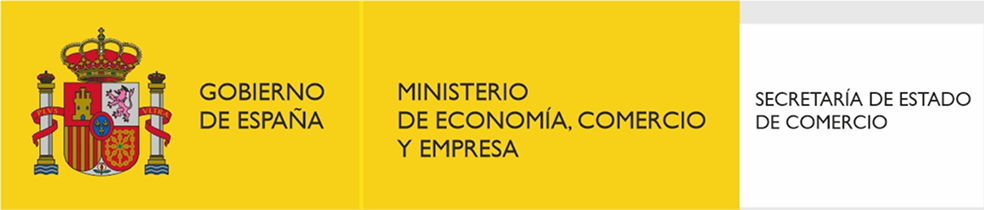 "Logo del Governo di Spagna con lo stemma reale a sinistra. A fianco, sfondo giallo con il testo 'Gobierno de España', 'Ministerio de Economía, Comercio y Empresa'. A destra, sezione bianca con il testo 'Secretaría de Estado de Comercio'."